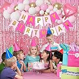 Pink Gold Birthday Party Decorations, Happy Birthday Banner, Pink Fringe Curtain, Heart Star Foil Confetti Balloons, Hanging Swirls for Women Girls Birthday Princess Party