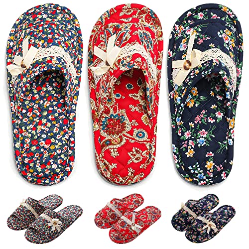 3 Pairs Floral Cotton House Slippers for Women, Open Toe Indoor Slippers Comfortable Washable Portable Foldable Guest Travel Hotel Airplane Spa Slippers