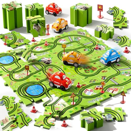 Beby Buty 64 PCS Puzzle Track Car Set Toys for Kids Boys, Toddler Toys Gifts for 3 4 5 Year Old Boys, Floor Puzzle Tracks Car for Boys Ages 3-5 4-6, for 3 4 5 6 Year Old