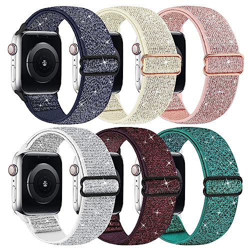 Bling Nylon Stretchy Bands Compatible With Apple Watch Bands 42mm 44mm 45mm 49mm For Women, Adjustable Braided Solo Loop Sport Bands For iWatch Series Ultra 10 9 8 7 6 5 4 3 2 1 SE, 6 Packs