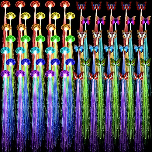 60 Pack Glow Hair Clips Light Hair Accessories 30 LED Lights 30 Butterfly Fiber Optic LED Extension Barrettes Rave Glow in The Dark Flash Barrettes Braid