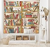 Ambesonne Cat Tapestry, Nerd Book Lover Kitty Sleeping over Bookshelf Library Academics Feline Boho Design, Wide Wall Hanging for Bedroom Living Room Dorm, 80" X 60", Brown Pink