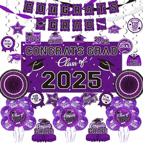 Purple Themed 2025 Graduation Decorations Set - Congrats Grad Banner, Class of 2025 Backdrop, Balloons & Streamers Kit - Complete Party Supplies for High School & College Celebrations