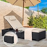 WAROOM Outdoor PE Wicker Chaise Lounge Chairs Set of 2 Patio Black Rattan Reclining Chair Adjustable Backrest Pool Sunbathing Recliners with Furniture Cover, Khaki