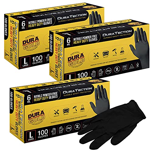 Dura-Gold HD Black Nitrile Disposable Gloves, 3 Boxes of 100, Size X-Large, 6 Mil - Latex Free, Powder Free, Textured Grip