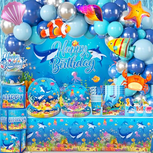 cocomigo 246PCS Under The Sea Party Decorations, All-in-One Party Supplies Pack, Includes 20 Plates, Cups, and Napkins, Backdrop Tablecloth Balloon Kit for Under The Sea Birthday Decorations