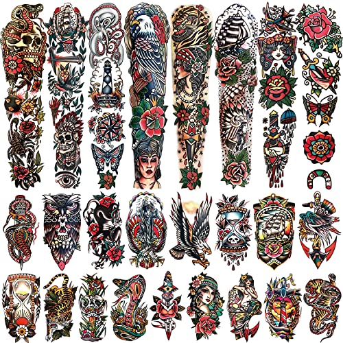 55 Sheets Temporary Tattoos,8 Sheets Full Arm Waterproof Flower Owl Snake Fake Halloween Tattoo Stickers for Adults Women Men,17 Sheets Half Arm 30 Sheets Small Tattoos Realistic for Kids Girls Boys