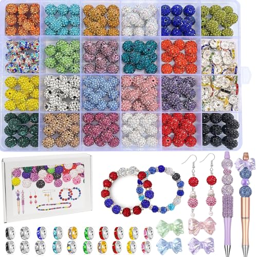 504pcs Rhinestone Handcrafted Beads, Including 264pcs Disco Ball Clay Rhinestone Beads and 240pcs Spacer Beads Necklace Jewelry Making,DIY Shambhala Disco (10mm Multicolor)