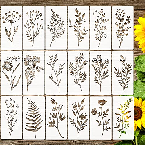 18Pcs Wildflower Stencils Flower Leaf Painting Stencils Reusable Wild Flower Stencil Plastic Art Drawing Templates DIY Crafts Plant Stencil for Painting on Wood Wall Door Canvas Home Decor