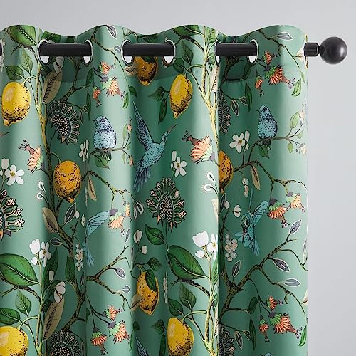 Topfinel Floral Two Pages Curtains 84 Inches Long Drapes,Vintage French Country Grommet Botanical Hummingbird Woodland Jungle Victorian Patterned Sage Green Lemon Drapes for Bedroom Dining Living Room