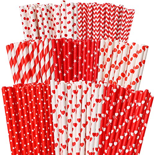 Cooraby 200 Pieces Valentine's Day Paper Straws Red and Pink Biodegradable Drinking Hearts Stripe Bicolor Stripe Dot Chevron Straw Mix for Wedding Supplies and Party Favors, 8 Styles (Red)