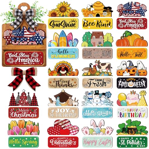 GlikCeil 37 Pcs Interchangeable Seasonal Decor Farmhouse Breadboard Interchangeable Seasonal Tier Tray Decor 4th of July Holiday Rustic Wooden Breadboard Decoration with Bow for Table Kitchen