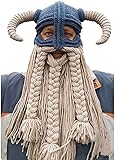 Adult Long Beard Viking Knit Hat Barbarian Bull Horn Handmade Knitted Beanie Hat Warm Funny Ski Cap Funny Party hat