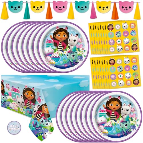 Gabby Dollhouse Party Decorations for Birthday | Serves 16 | Banner, Tablecloth, Plates, Napkins, Sticker | Officially Licensed