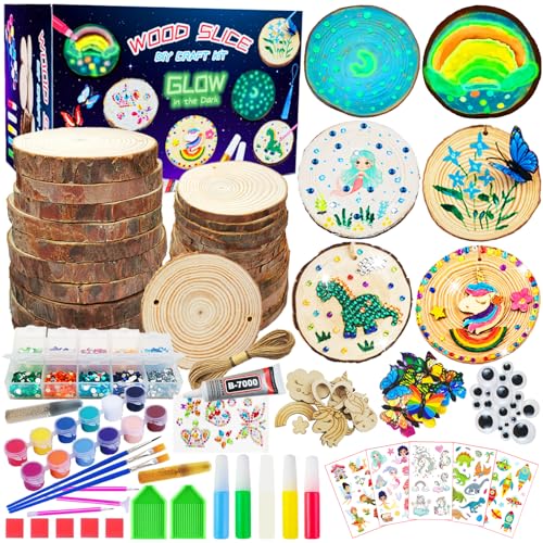 KIRKOTOY Wooden Crafts Kit for Kids-Glow in The Dark-Arts & Crafts Gifts for Boys Girls Age 6-12, 24 Wood Slices with Painting Craft Activities Kits, Creative Art Toys for 6 7 8 9 10 11 12 Year Old