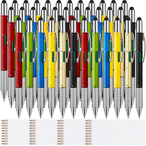 Zonon 36 Pcs 6 in 1 Multitool Tech Pen with Ruler Level Gauge Screwdriver Multifunction Touch Screen Ballpoint Pens and Black Ink Refills for Birthday Party Gift(Assorted Colors)