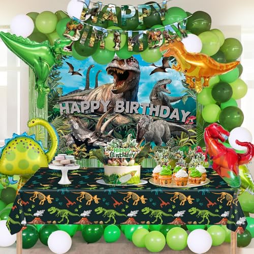 Dinosaur Birthday Party Decorations for Boys - Dinosaur Themed Party Supplies for Kids with Tablecloth, Banner, Backdrop, Cake Topper, Balloons & Stickers