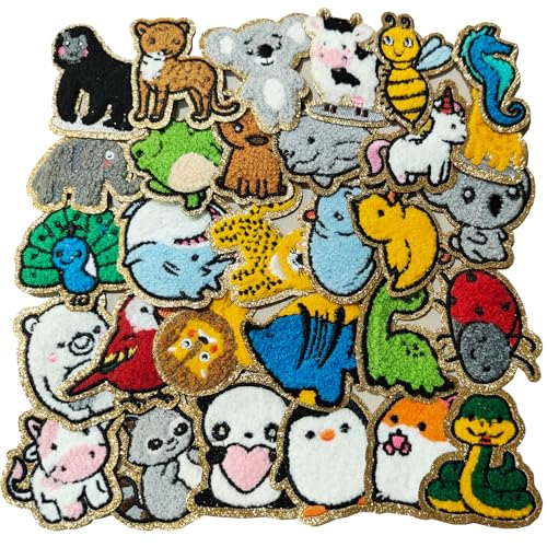30PCS Cute Animals Iron On/Sew On Chenille Patches with Golden Edge,Lovely Animal Embroidered Applique for Jeans Jackets Clothes Backpacks (30)