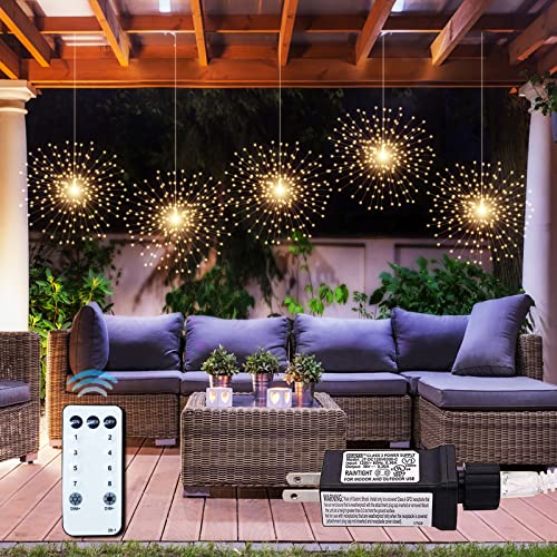 PXBNIUYA 5 Pack 1000LED Plug in Starburst Sphere Lights,Firework Lights 8 Modes Dimmable Remote Control Waterproof Hanging Fairy Light, Copper Wire Lights for Patio Party Tent Christmas (Warm White)