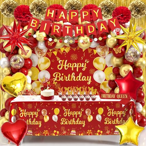 Red and Gold Birthday Party Decorations for Women Girls with Red and Gold Balloon Arch Sash Crown Happy Birthday Banner Backdrop Butterfly Cake Topper Fringe Curtain Tablecloth