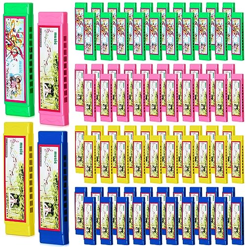 Liliful 100 Pcs Kids Harmonica for Boys Girls Musical Instrument Toy Lightweight and Easy to Carry, Key of C for Beginners for School Teaching Early Childhood Enlightenment Performance, 4 Colors