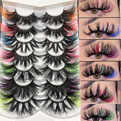 Mikiwi 25mm Colored Mink Lashes Pack, 7 Pairs Mix Color Drametic Long 25mm Real Mink Eyelashes With Color on end, Fluffy Mink Colored Eyelashes, Colorful Lashes With Orange/Red/Pink/Blue/Green/Purple