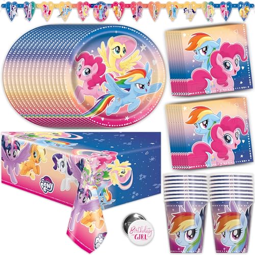 My Little Pony Party Supplies, My Little Pony Birthday Party Supplies and Decorations for 16 Guests with Banner, Tablecover, Plates, Cups, Napkins and Button