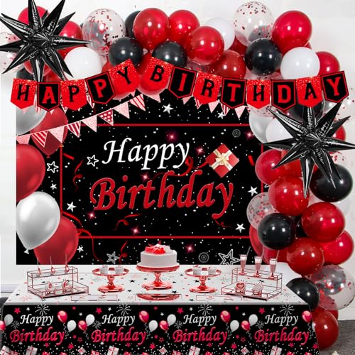 Red Birthday Decorations for Men Women Boys Girls, 75 PCS Red and Black Party Decorations Happy Birthday Backdrop Banner Party Supplies Confetti Star White and Black Balloons Arch Tablecloth