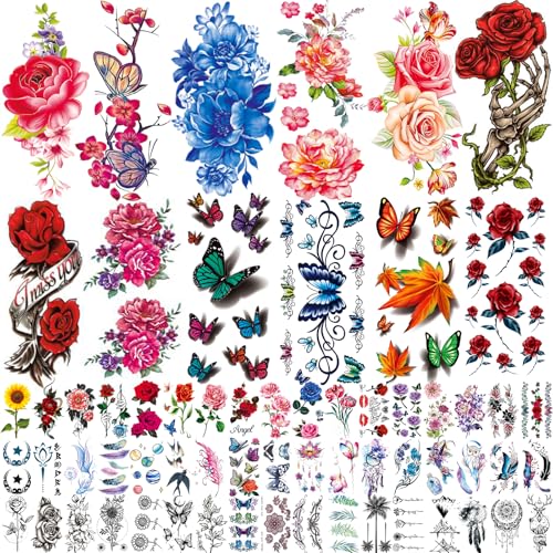 82 Sheets Flowers Temporary Tattoos Stickers, Roses, Butterflies and Multi-Colored Mixed Style Body Art Temporary Tattoos for Women, Girls or Kids
