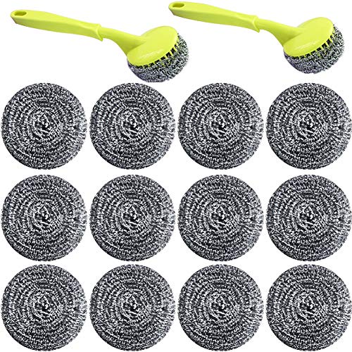 18 PCS Stainless Steel Sponges Scrubbers Cleaning Ball Utensil Scrubber Metal Scrubber Scouring Pads Ball for Pot Pan Dish Wash Cleaning for Removing Rust Dirty Cookware Cleaner with Handle (18 Pack)