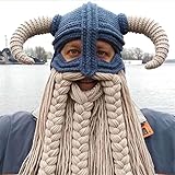 Adult Long Beard Viking Knit Hat Barbarian Bull Horn Handmade Knitted Beanie Hat Warm Funny Ski Cap Funny Party hat