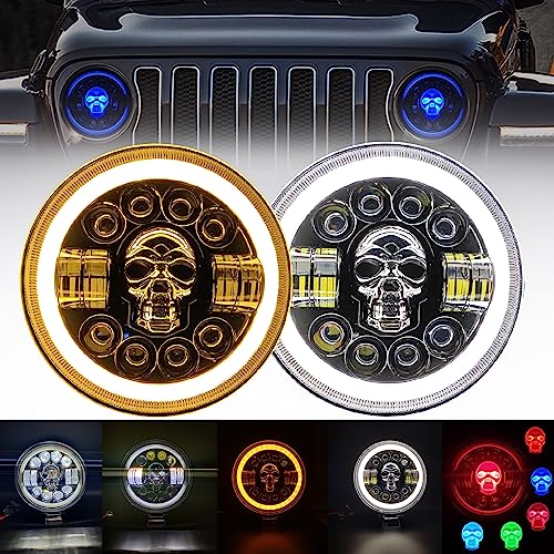 UMGASOM 1Pair RGB Skull Led Headlights with 5 Skull Patterns and Amber Halo Turn Signals 7 Inch Headlamps Compatible with W-Rangler JK TJ LJ CJ Hummer H1 H2 H6024 Chevy Truck