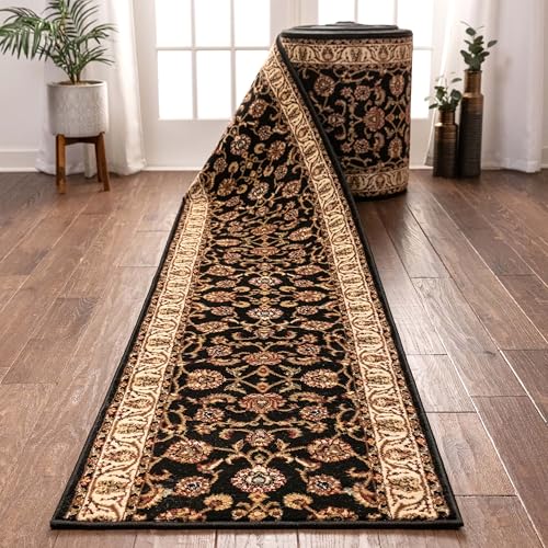 Well Woven Custom Size Hallway Stair Runner - Choose Your Custom Length - Noble Sarouk Black Oriental 27 Inch Wide x 18 Feet Long Runner (27" x 18') Traditional Floral Carpet