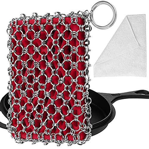 Herda 316L Cast Iron Scrubber Cleaner, Large Cast Iron Chain Mail Scrubber - Chainmail Scrubber Sponge - Metal Skillet Scrubbing, Wok, Dutch Oven Cleaning Kit