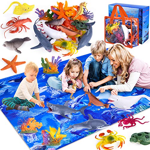 GINMIC Kids Ocean Animals Toys with Large Play Mat , 18 Pack Assorted Realistic Sea Animal Toys with Carrier Bag Including Shark, Whale, Dolphin etc, for Toddler, Boys & Girls Ages 3-8