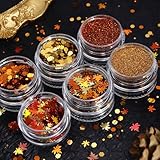 Golden Fall Nail Art Glitters Maple Leaf Nail Sequins, LPOODDNU Autumn Leaves Nail Decoration Accessories 3D Maple Leaves Nail Decals Professional Fall Nail Designs for Women Manicure DIY, 6 Jars