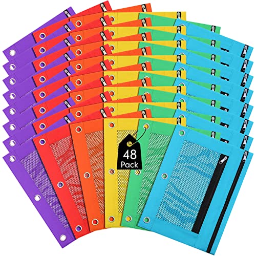 Leelosp 48 Pack Pencil Pouch for 3 Ring Binder Mesh Zipper Pencil Case Bags Assorted Colors Binder Pouches for School Writing Utensils Storage Supplies