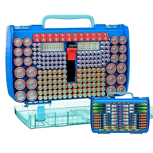Large Capacity 269 Battery Organizer Storage Case with Tester, Double-Side Battery Holder Container for AA AAA AAAA C D 9V Lithium 3V CR123 CR1632 18650 Batteries(Box Only) (Blue)