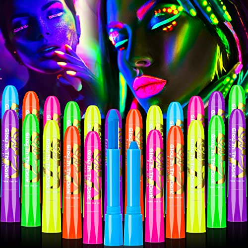 Handepo 24 Pcs Glow in the Black Light Face Paint Crayons Neon Face Body UV Light Paint Kit Fluorescent Halloween Masquerade Makeup for Adult Mardi Gras Parties(Rainbow Color)