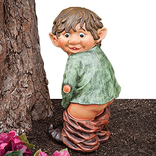 Bits and Pieces - Caught with His Pants Down Garden Statue - Naughty Gnome Yard Art, Funny Elf - Polyresin Statue Measures 13-1/2" High x 5" Wide