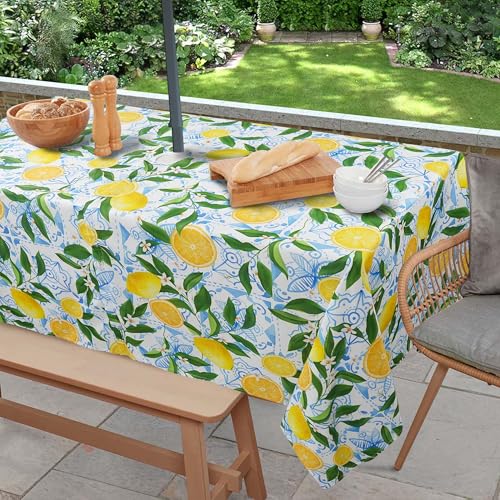 Virtumob Outdoor Tablecloth with Umbrella Hole and Zipper, Rectangle Patio Table Covers for Spring/Summer, Machine Washable Outdoor Picnic Table Cloth (Lemon, 60" × 84" Rectangular)