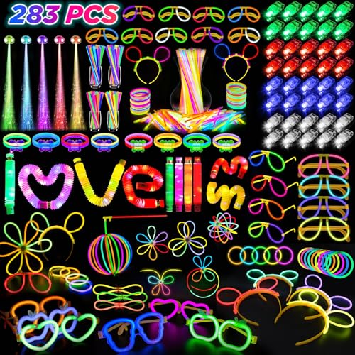 SHQDD Glow in the Dark Party Favors for Adults Kids, 27 Carnival Accessories, 56 LED Light Up Toys Bulk, 100 Glow Sticks Party Pack, Neon Party Supplies & Decorations