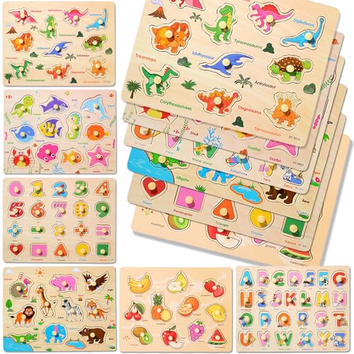 LOYUEGIYO 6PCS Toddler Wooden Peg Puzzle Toys for Age 2-4 3-5 Year Old Boys Girls,Educational Learning Sensory Toy,Puzzles for Toddlers Kids,Dinosaur&Ocean&Alphabet&Number Shape&Animal&Fruit Puzzles