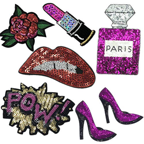 7 Pcs Purple Blue Embroidered Patches Lip/Lipstick Iron On Patch Sewing On Sequins DIY Clothes Applique Garment Motif Woman Girl Brand Patch (Purple)