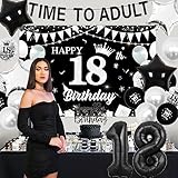 18th Birthday Decorations Black and Silver Time to Adult 18 Years Old Birthday Decorations Happy 18th Birthday Cake Topper Backdrop Banner Star Foil Balloons for Boys Girls