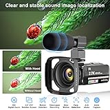 Video Camera Camcorder 2.7K Ultra HD 36MP YouTube Camera for Vlogging, IR Night Vision 16X Digital Zoom Camera Recorder with Microphone Lens Hood Handheld Stabilizer Remote Control, 2 Batteries