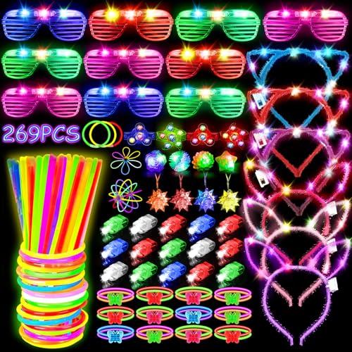 MIBOTE 269Pcs Led Light Up Toys Party Favors Glow in the Dark Party Supplies for Kid/Adults Halloween with Light Up Glasses,Rings,Fidget Spinner Bracelets,100 Glow Sticks Bulk Party Pack DIY Glow