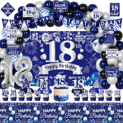 FrozzlyFun 18th Birthday Decorations for Boys, 113Pcs Blue Silver 18 Years Old Boy Bday Party Decor Supplies for 15th Men - Backdrop, Banner, Tablecloth, Centerpieces, Hanging Swirls, Wall Signs