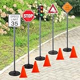 Attatoy Large Traffic Signs Playset (32pc Set), 42in Tall Street Sign and Traffic Light Set for Play with Ride-On Cars and Vehicles