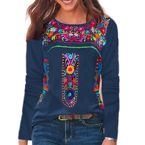 Melliflo Long Sleeve Mexican Shirts for Women Floral Embroidered Peasant Blouse Ethnic Style Boho T-Shirts(Navy Blue. X-Large)